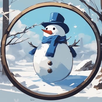 Round logo with snowman, cute character, white and blue colors