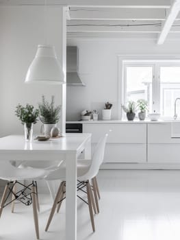 Sleek modern kitchen in white with contrasting natural decor elements and a bright ambiance