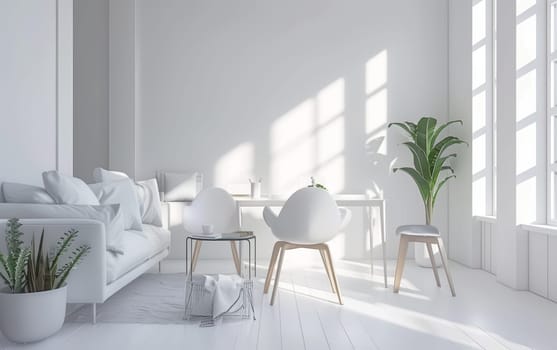 Bright white living room, enhanced by sunlight and vibrant indoor plants