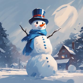 Round logo with snowman, cute character, white and blue colors