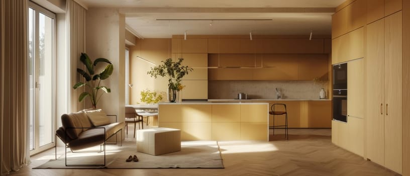 Soft morning light illuminates a sleek kitchen, with its clean lines and mustard cabinets offering a stylish flair