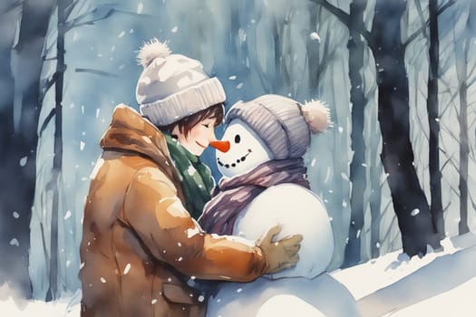 Watercolor postcard with happy couple male and female snowmans hugging together, wearing scarf and hat, snowy forest