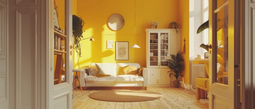 Late afternoon sun casts a golden glow on a yellow living room, creating a radiant and welcoming space