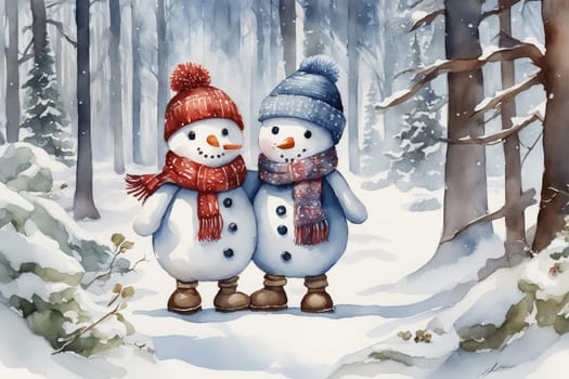 Watercolor postcard with happy couple male and female snowmans hugging together, wearing scarf and hat, snowy forest