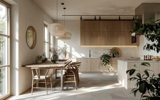 Natural light floods a spacious kitchen and dining area, showcasing a blend of wood textures and modern design