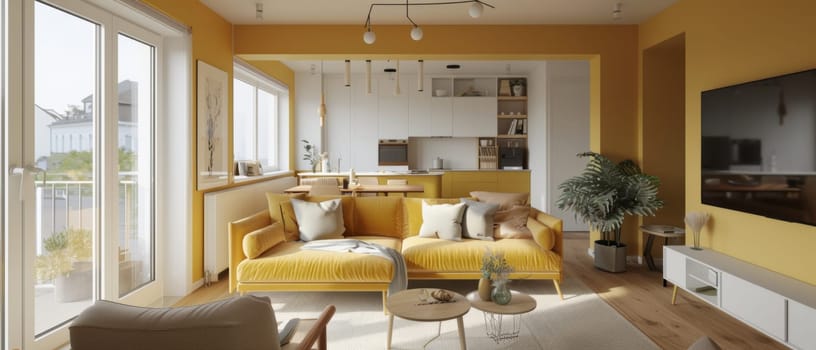 Sunlit yellow tones envelop a modern living area, creating an inviting ambiance with a comfortable couch and decor