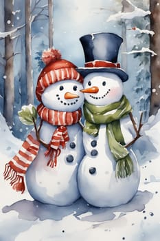 Watercolor postcard with happy couple male and female snowmans hugging together, wearing scarf and hat, snowy forest