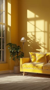 Evening light creates a dance of shadows in a cozy room with a plush yellow sofa and indoor plants