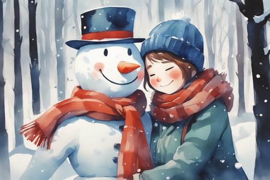Watercolor postcard with happy couple male and female snowmans hugging together, wearing scarf and hat, snowy forest