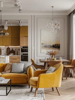 Luxurious golden armchairs and a modern chandelier add sophistication to an elegant dining and lounge area