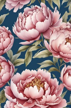 Watercolor peony flowers on blue background