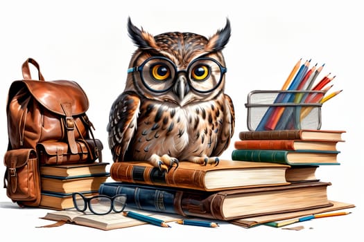 cute owl in glasses with books .