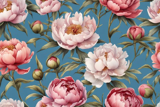 Watercolor peony flowers on blue background