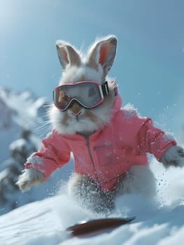 A rabbit wearing goggles, a helmet, and a pink jacket is enjoying outdoor recreation by snowboarding in the freezing snow under the clear sky