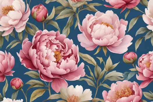 Watercolor peony flowers on blue background