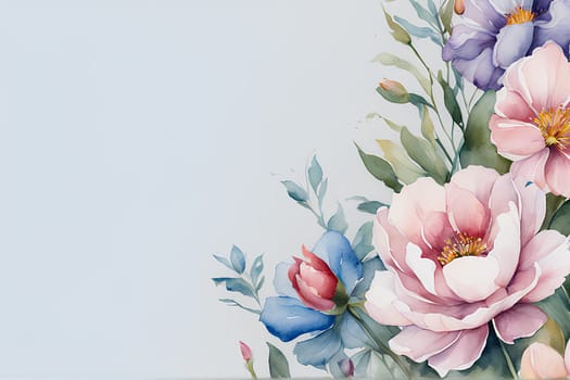 Watercolor peony flowers on blue background; copy space, wallpaper