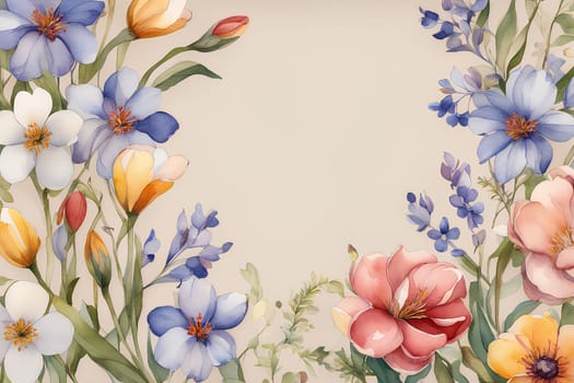 Watercolor spring flowers on beige background; copy space, wallpaper