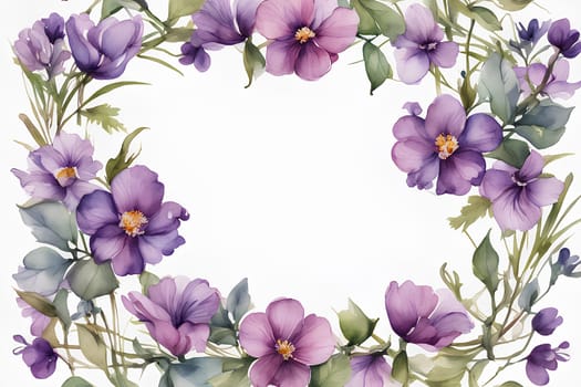 Framing purple flowers on white background with copy space; watercolor illustration