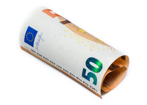 Concept of many euros: a pile of rolled 50-euro bills lying on a white background 2