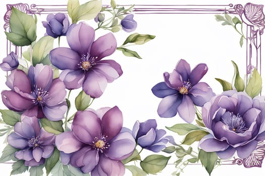 Framing purple flowers on white background with copy space; watercolor illustration