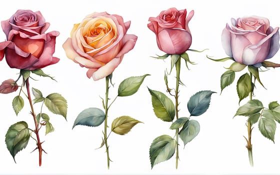 Set of four different colors roses on white background, watercolor illustration