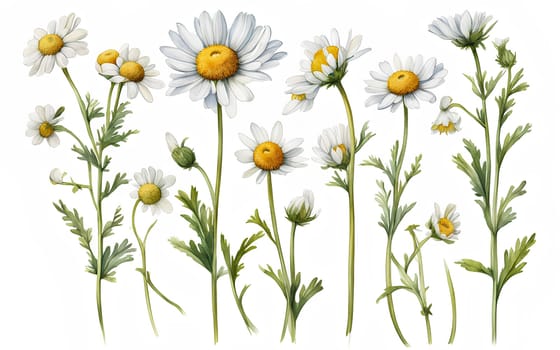 Set of chamomile flowers on white background, watercolor illustration