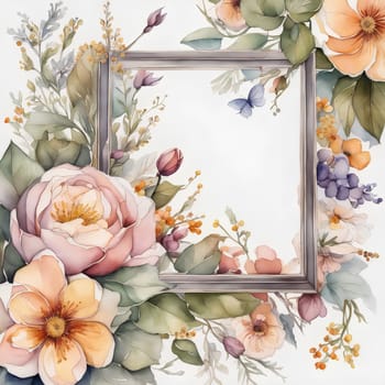 Framing flowers on white background with copy space, watercolor illustration
