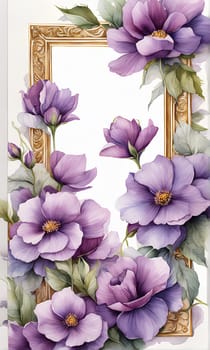 Framing purple flowers on white background with copy space; watercolor illustration