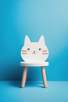 One kids wooden white chair in cat shape on blue background, studio light, realistic, minimalism