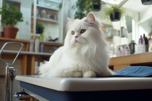 Professional groomer carefully combing a white cat while it relaxes during a pampering session