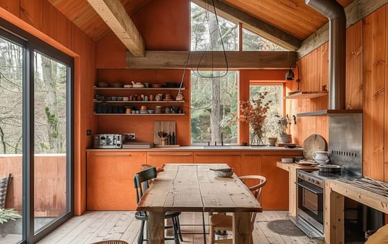 Rustic charm defines this cabin kitchen. A window frames the serene woods