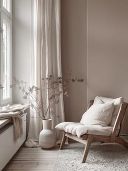 Soft neutrals create a tranquil vibe with a wooden armchair and vase