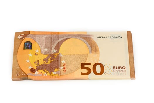 Close up fifty euro banknote. Isolated on white background