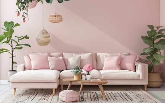 Natural elements and pastel tones offer a botanical bliss in a living room