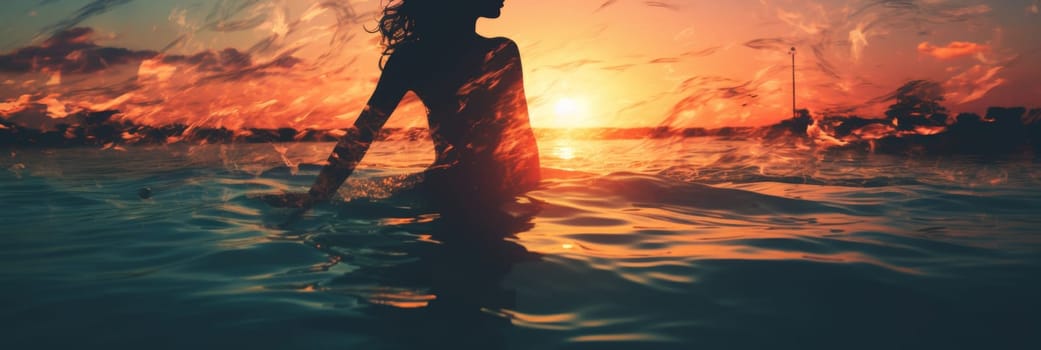 Stunning double exposure of womans silhouette with mesmerizing ocean sunset in background