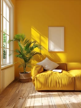 A vibrant yellow sofa corner radiates warmth, accented by a solitary framed artwork and lush greenery