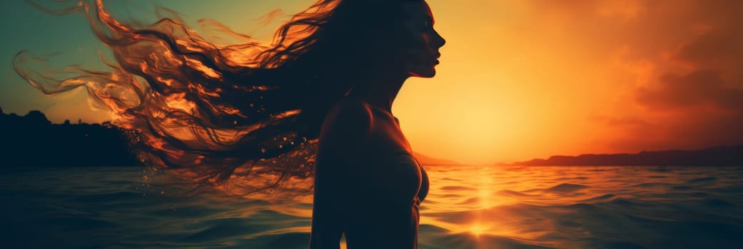 Double exposure of womans silhouette with a captivating and stunning ocean sunset view
