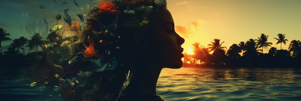 Double exposure of woman silhouette at stunning ocean sunset, abstract creative concept