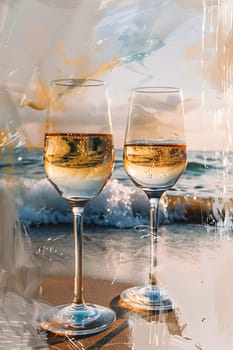 Two wine glasses, part of tableware, sit on the sandy beach overlooking the ocean. The stemware is perfect for enjoying a classic cocktail or alcoholic beverage