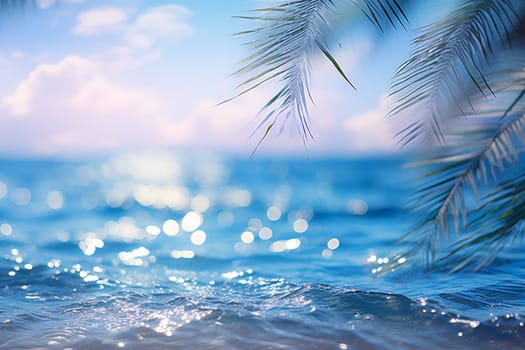Tropical palm leaves in sunlight with bokeh effect on ocean background, summer nature scene