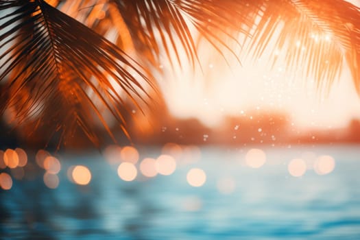 Tropical palm leaves sunlit with glittering bokeh effect against scenic ocean backdrop