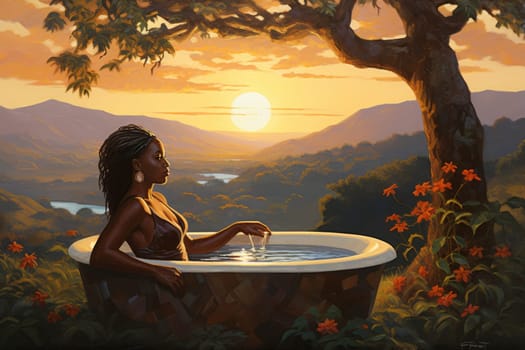 Serene african woman enjoying tranquil moment in sunlit outdoor bathtub surrounded by lush greenery