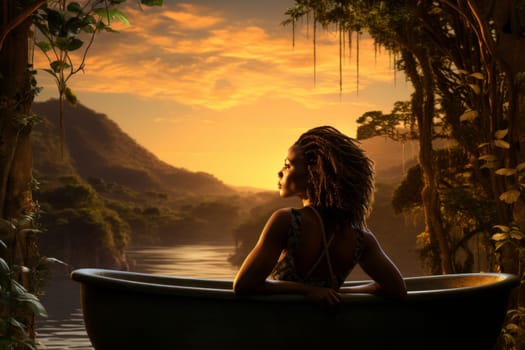 Tranquil african woman relaxing in outdoor bathtub amid lush greenery, serene nature escape