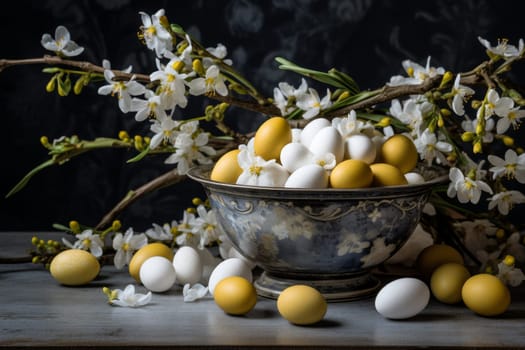 Colorful easter eggs in a beautiful nest made of delicate catkins, placed elegantly on a table