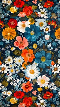 A creative arts painting featuring colorful flowers from the daisy family on a dark blue background, showcasing a beautiful pattern of annual plants and flowering plants