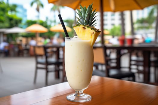 Refreshing tropical coconut pineapple pina colada cocktail served on table at beach cafe