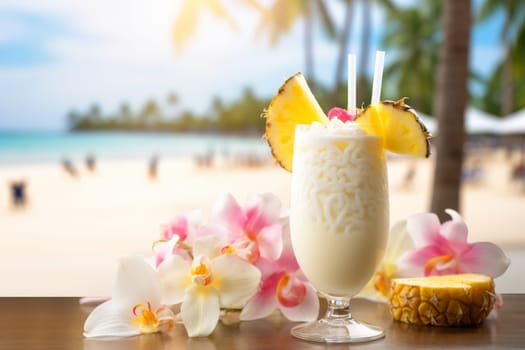 Pina colada coconut cocktail with pineapple on beach cafe table - tropical summer drink