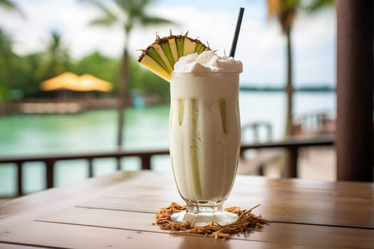 Tropical coconut pineapple cocktail on a beach cafe table. Pina colada refreshment