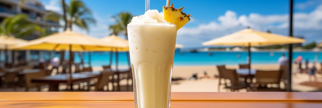 Tropical pina colada cocktail with coconut milk and pineapple at beach cafe. Close-up, copy space