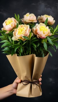 Man holding bouquet of peonies in craft paper against white wall, space for text